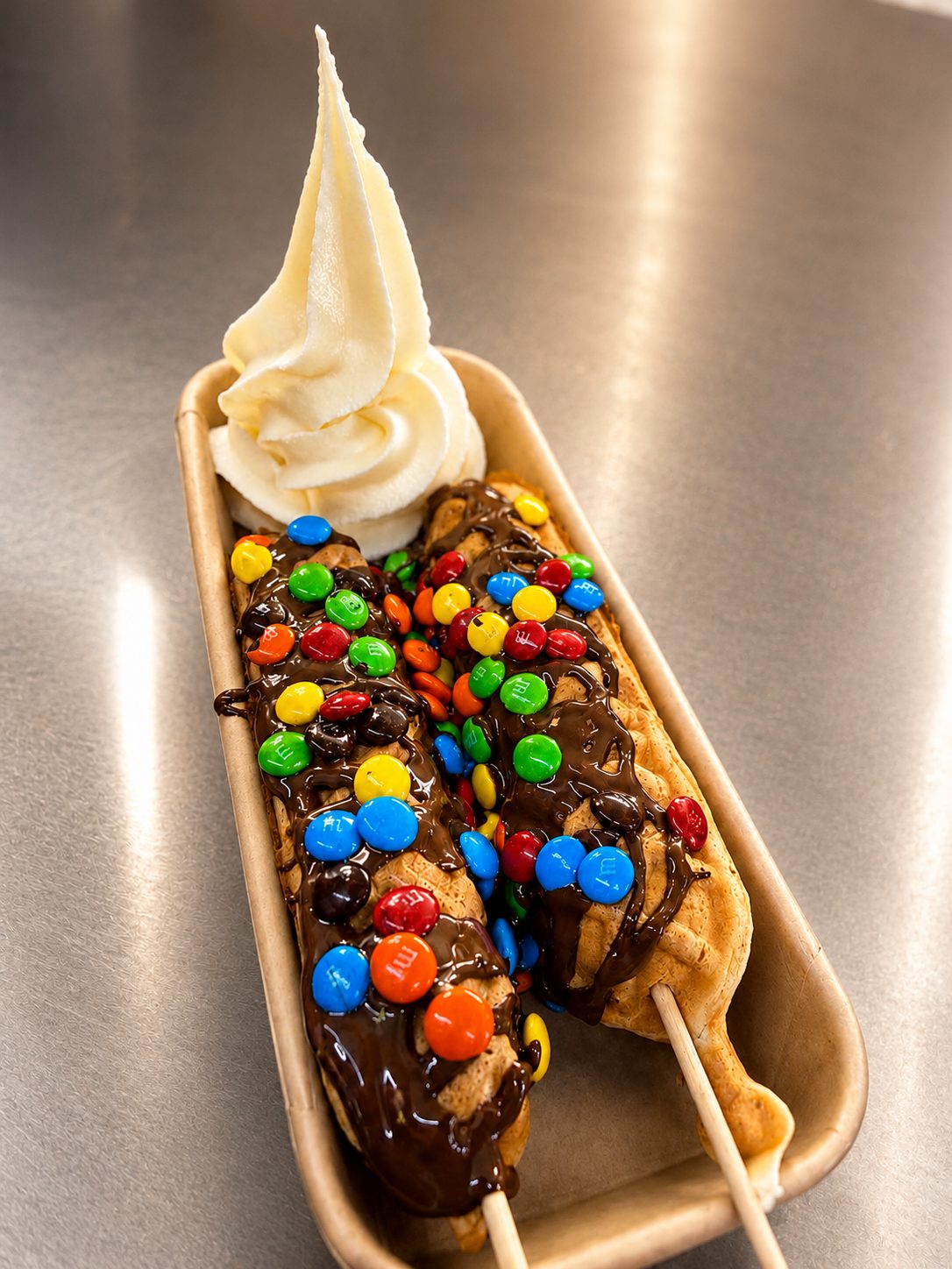 A stick waffle with chocolate sauce and M&Ms, served with a swirl of soft serve